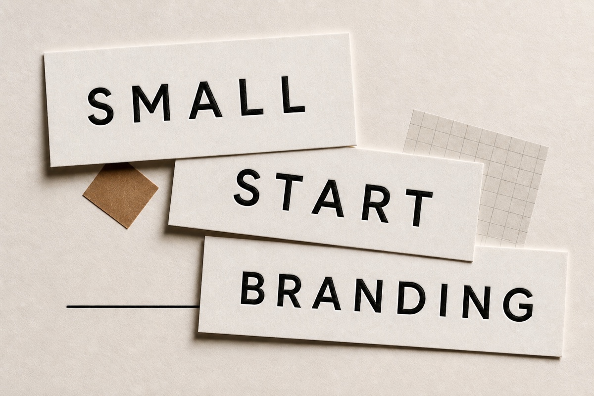 SMALL START BRANDINGの文字を角度の異なる3枚の紙片で構成した中小企業ブランディング記事のサムネイル