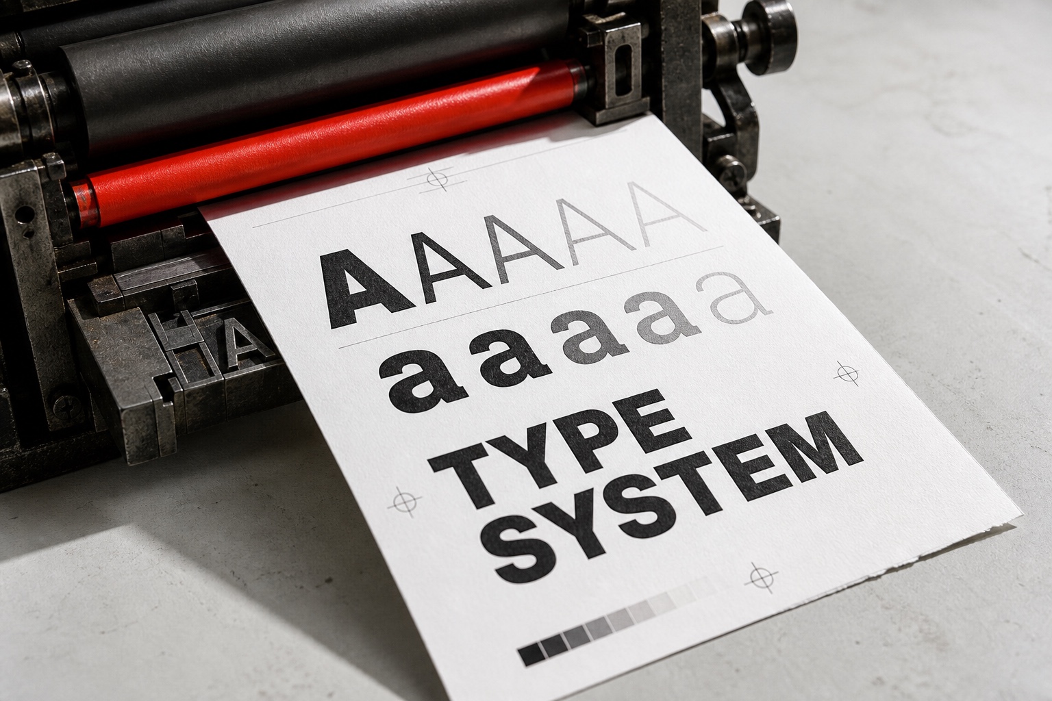印刷機から現れる書体見本で文字のウェイトと濃度を比較するタイポグラフィの制作風景
